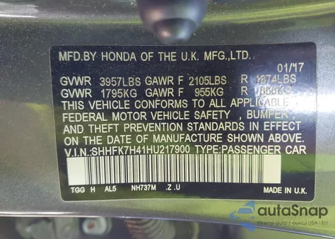 2017 Honda Civic Sport z USA, uszkodzony, nr VIN SHHFK7H41HU217900